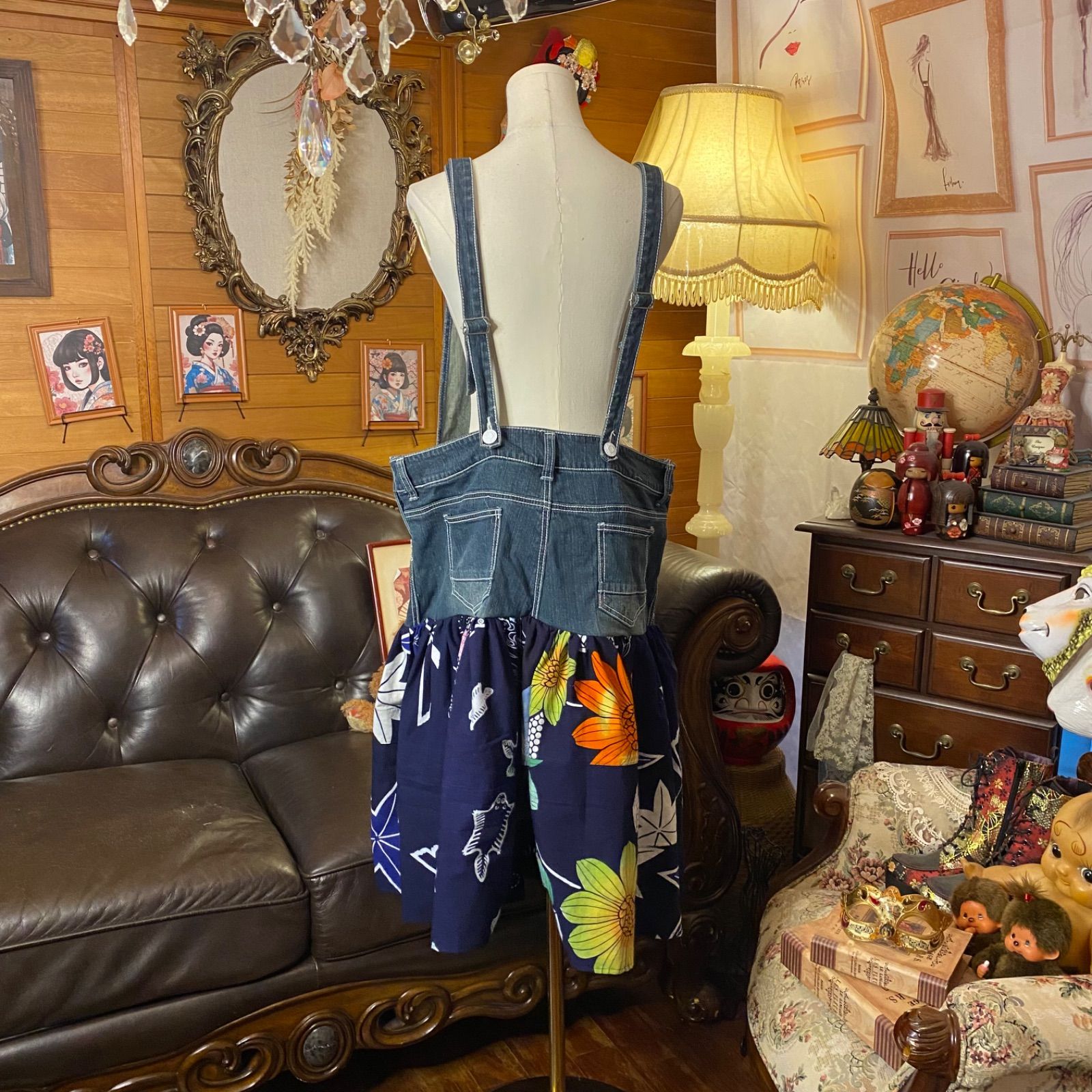 和洋折衷リメイク 浴衣 デニム オーバーオール サロペット ワンピース