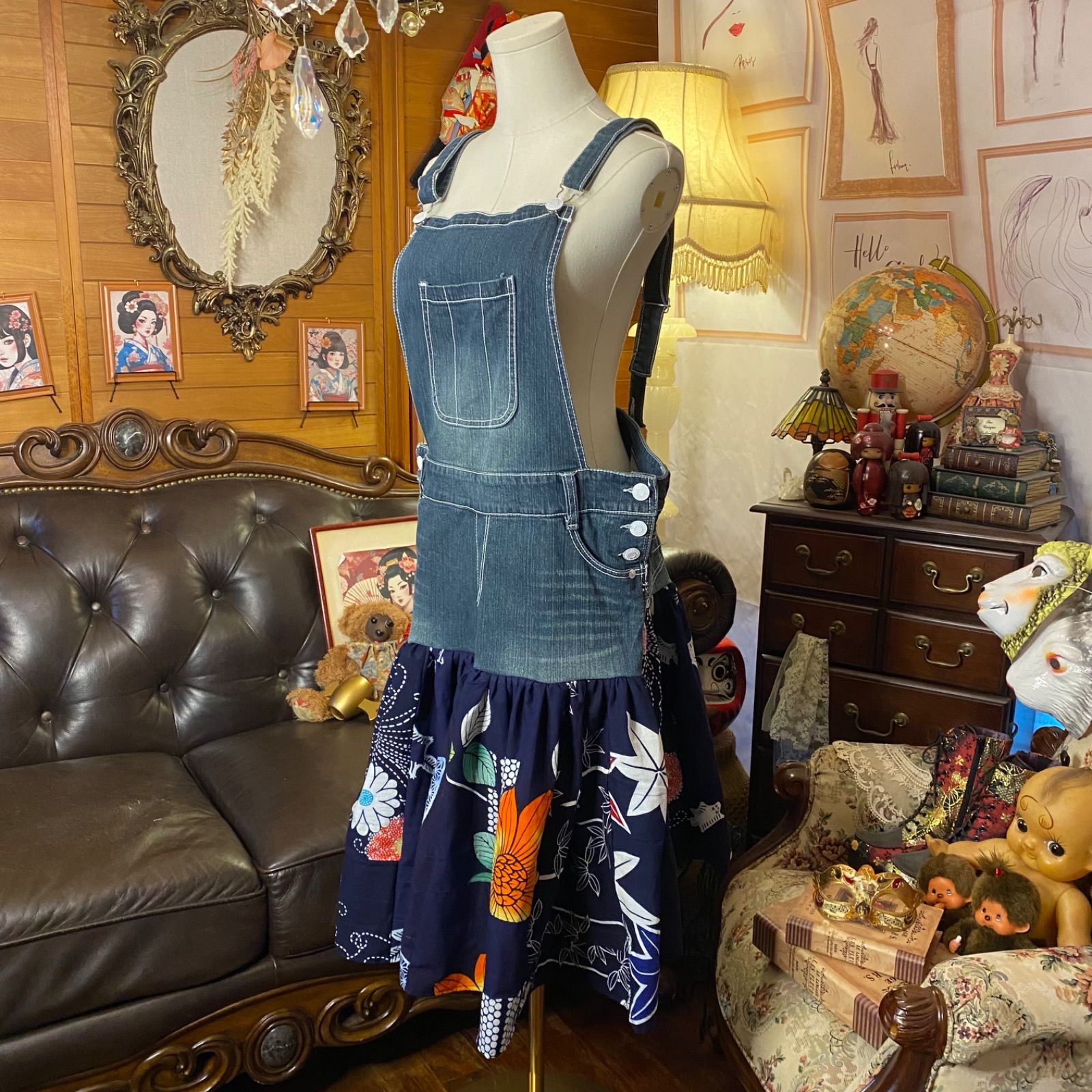 和洋折衷リメイク 浴衣 デニム オーバーオール サロペット ワンピース