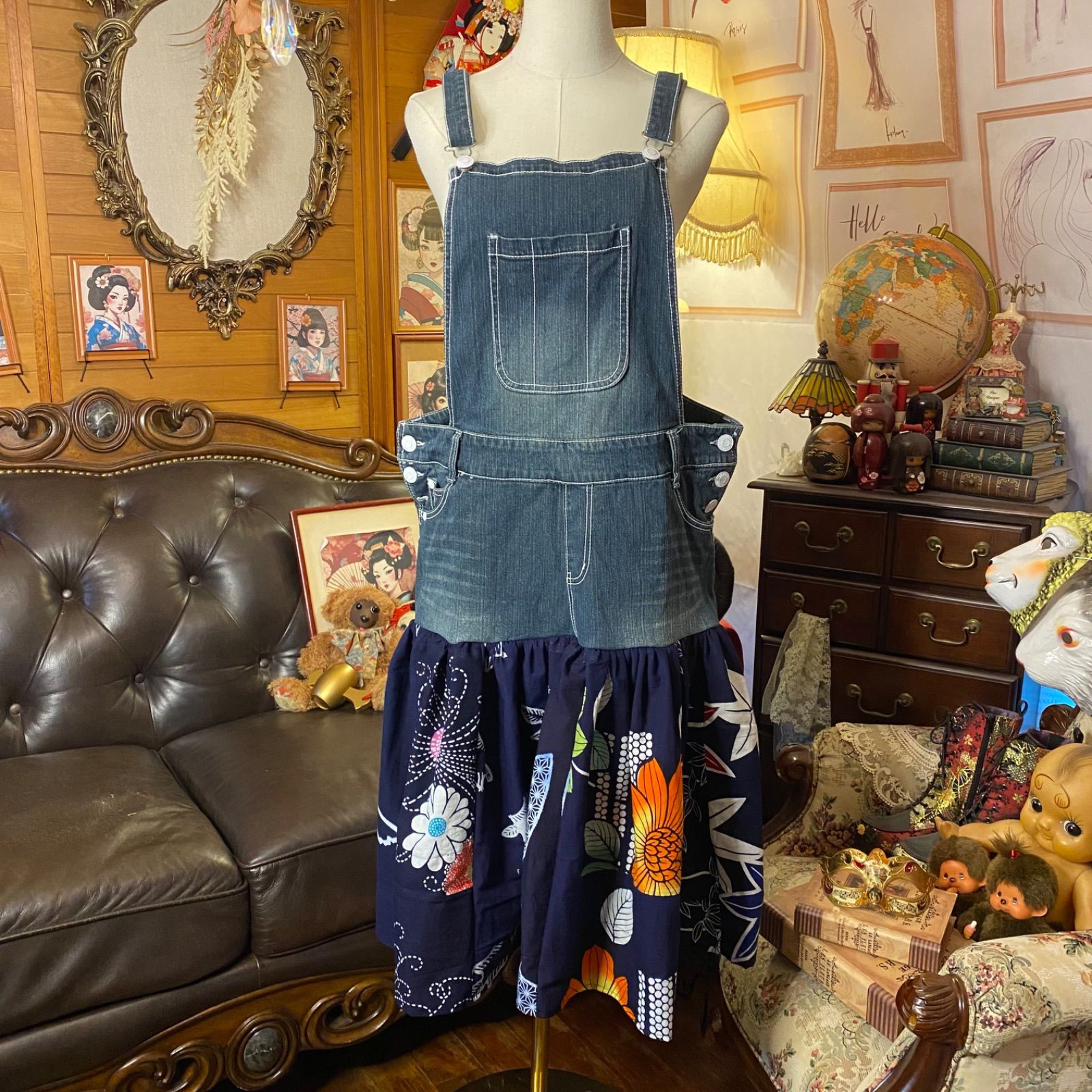 和洋折衷リメイク 浴衣 デニム オーバーオール サロペット ワンピース パッチワーク コラージュ ドッキング 切り替え レトロ 古着 ハンドメイド 和の息吹を 遊び心に変えて 0-94