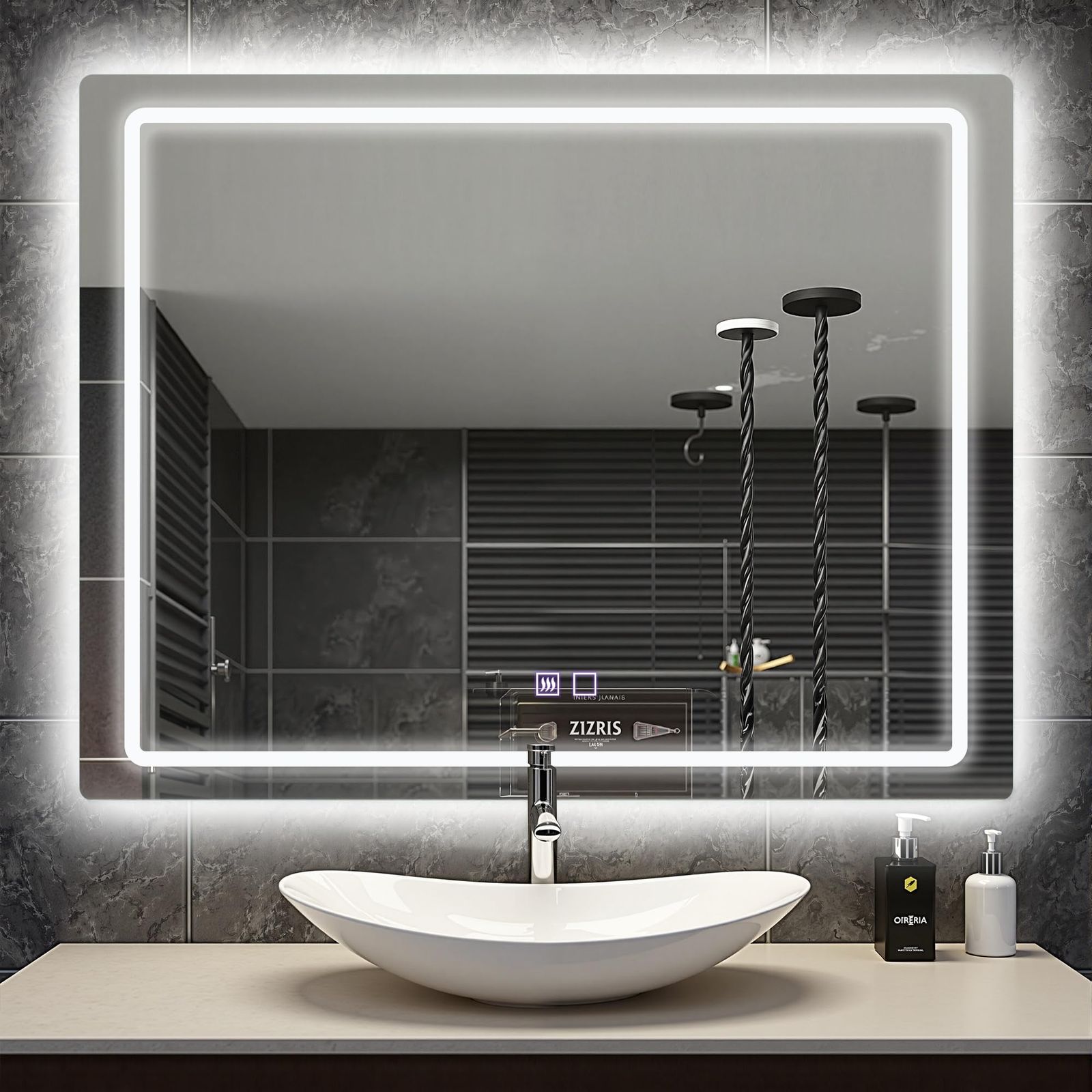 ミルオ君の鏡工房 LEDミラー 鏡 曇り止め 浴室鏡 LEDライト付き ウォールミラー 壁掛け 洗面台 省エネ 明るさ調整 飛散防止 内臓型 方型 横掛け 70x90cm