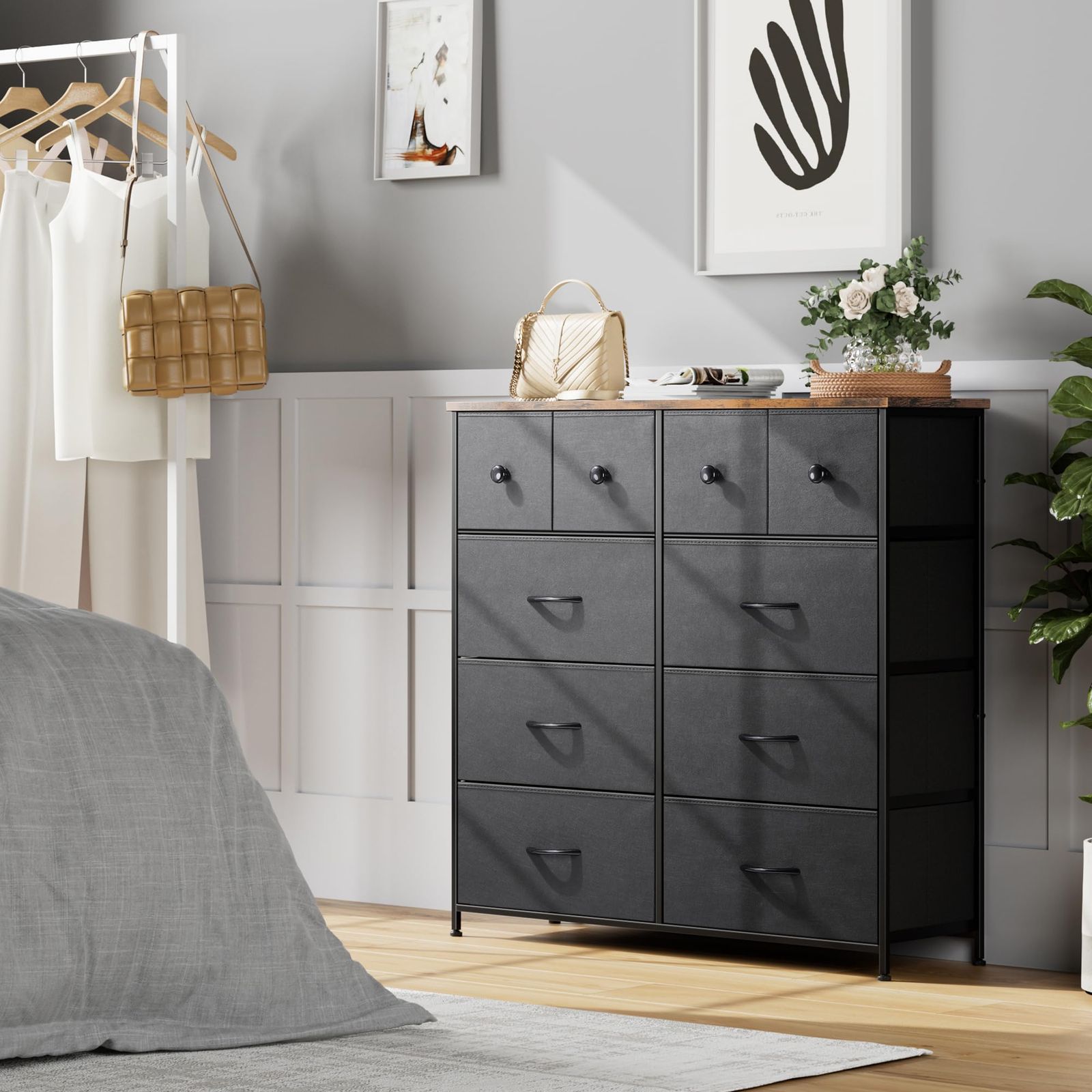 Nicehill チェスト タンス 収納チェスト オーガナイザー 収納ケース 衣類 キッズ ベイビー用ワイドチェスト 衣類収納 木製天板 組立簡単 4段10杯 奥行き30㎝ x 幅100.0㎝ x 高さ98.0㎝ ブラック