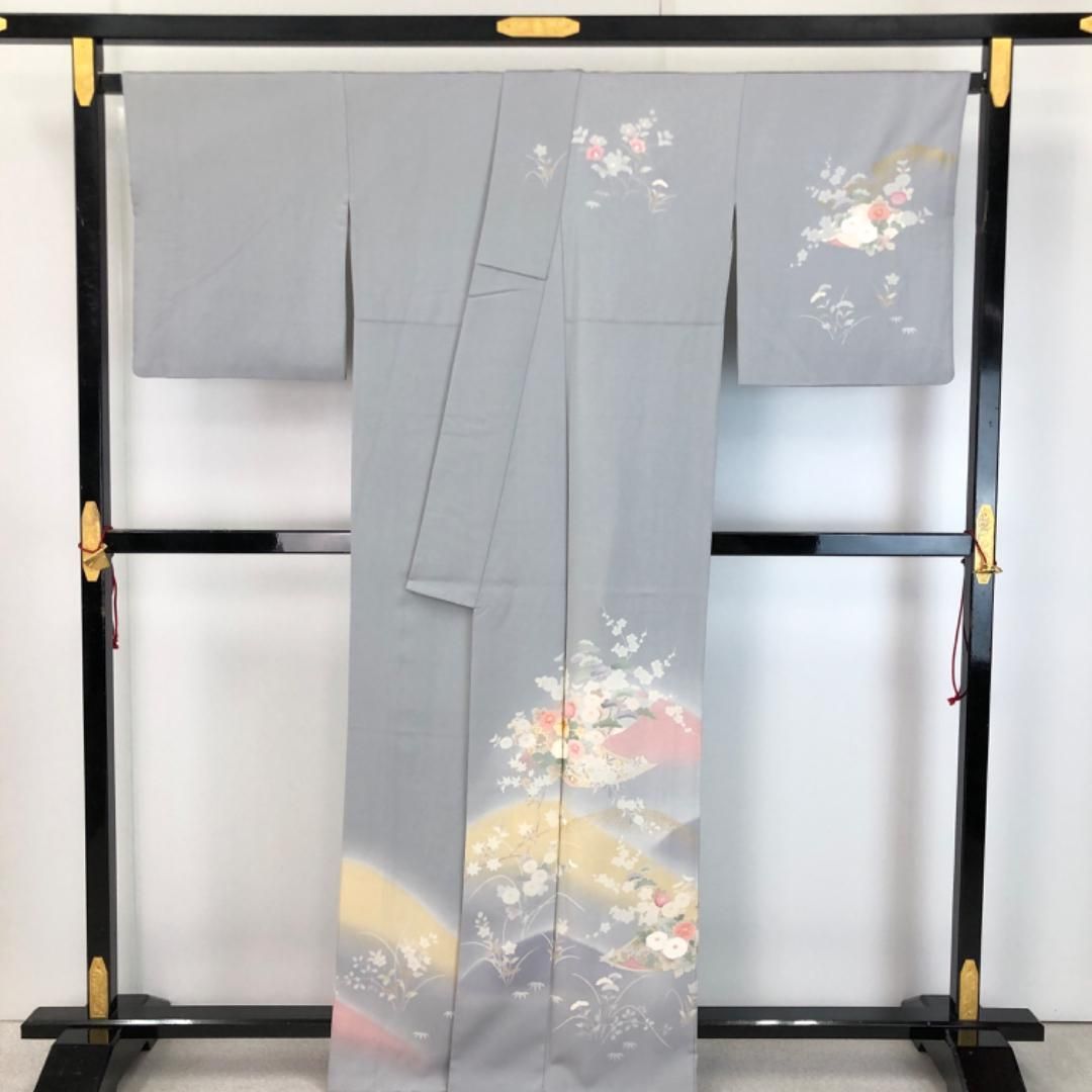 訪問着 友禅 花模様 暈し 薄鼠色 金駒刺繍 金彩 K-5499 - メルカリ