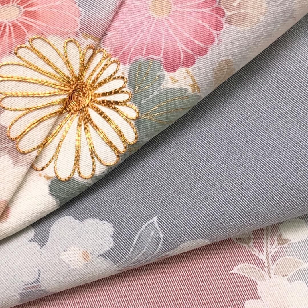 訪問着 友禅 花模様 暈し 薄鼠色 割引 金駒刺繍 金彩 K-5499 訪問着