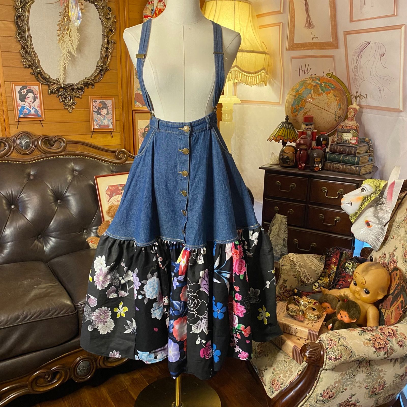 和洋折衷リメイク 浴衣 デニム オーバーオール サロペット ワンピース