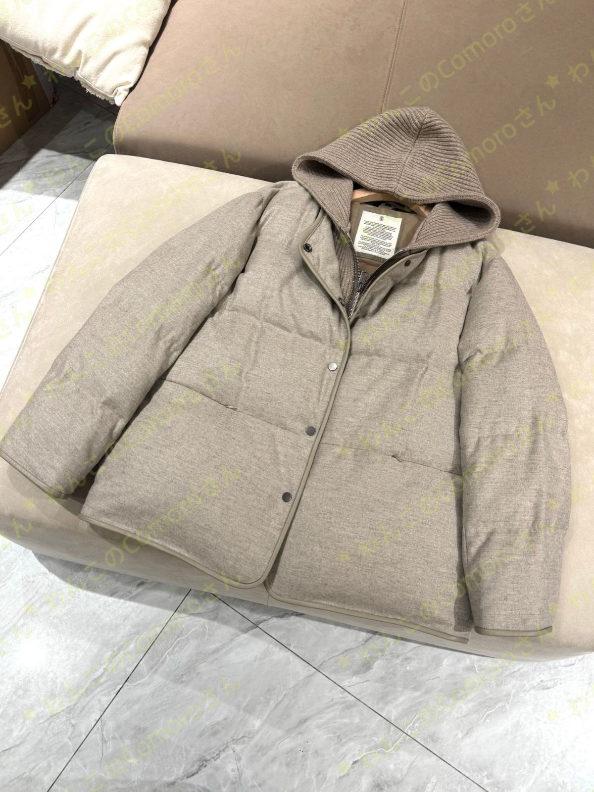 ベージュM~XL 送料無料 ブルネロクチネリ レディース ウール混 ダウンジャケット リブニット襟 フード付き ジップアップ 防寒コート