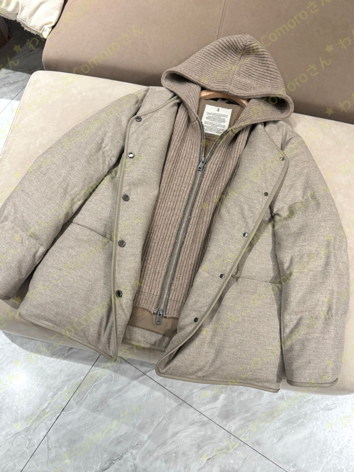 ベージュM～XL 送料無料 ブルネロクチネリ レディース ウール混 ダウンジャケット リブニット襟 フード付き ジップアップ 防寒コート