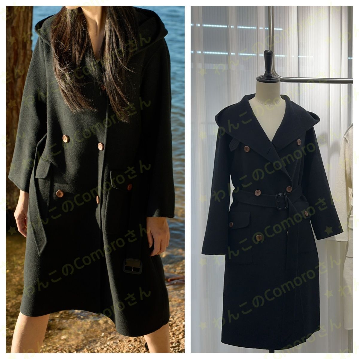 ブラックS L ロロピアーナ Loro Pianaレディースエレガントロング カシミヤ コート 本革ボタン ベルト付き ダブルブレスト