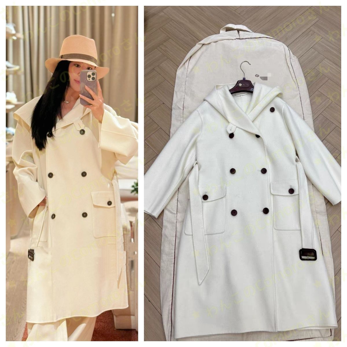 ホワイトS~L 送料無料 ロロピアーナ Loro Pianaレディースエレガントロング カシミヤ コート 本革ボタン ベルト付き ダブルブレスト