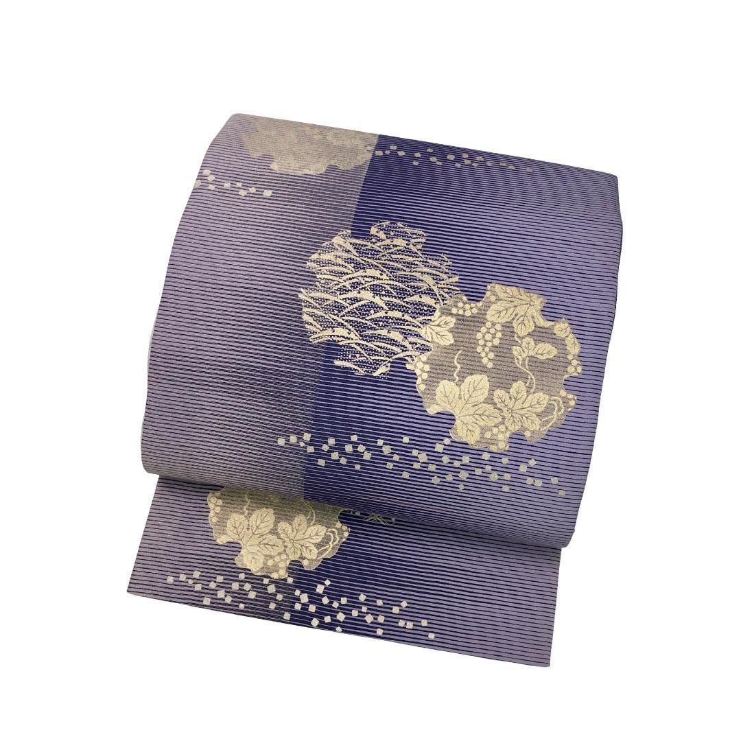袋帯 雪輪に花菱模様 葡萄 露芝 桔梗納戸色 金彩 ガード加工 O-5697