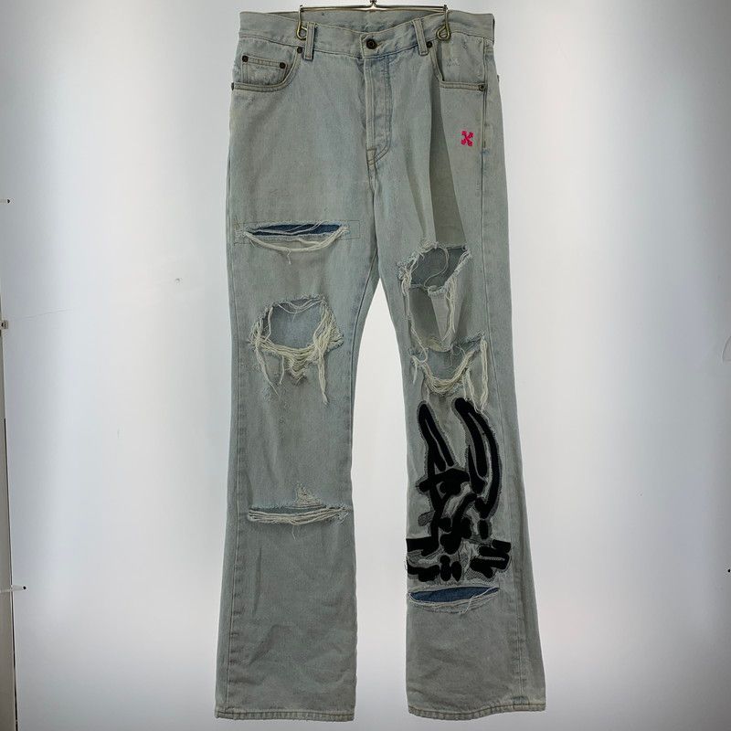 品 OFF-WHITE バニー刺繍ダメージブーツカットデニムパンツ オフホワイト 153-251106-st-20-fuz