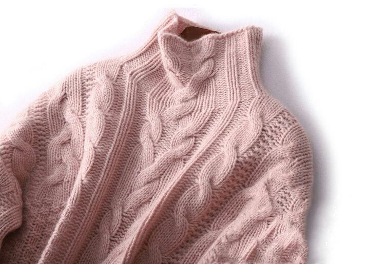 高品質着心地柔 らかいケーブル編みニット大人 上質タートルセーターピンク系M