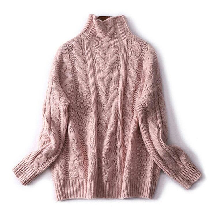 高品質着心地柔 らかいケーブル編みニット大人 上質タートルセーターピンク系M