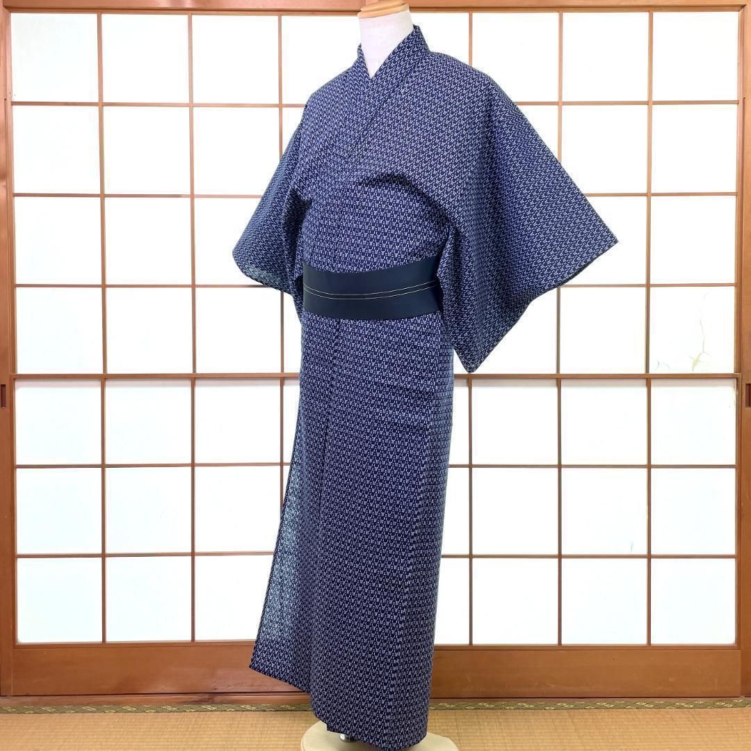 メンズ浴衣 本染 注染 綿 幾何学柄 紺色 手縫い 身長177 cm前後 男着物 kimonolove オゾン消臭サービス A 2407 シワになりにくい コーデセット