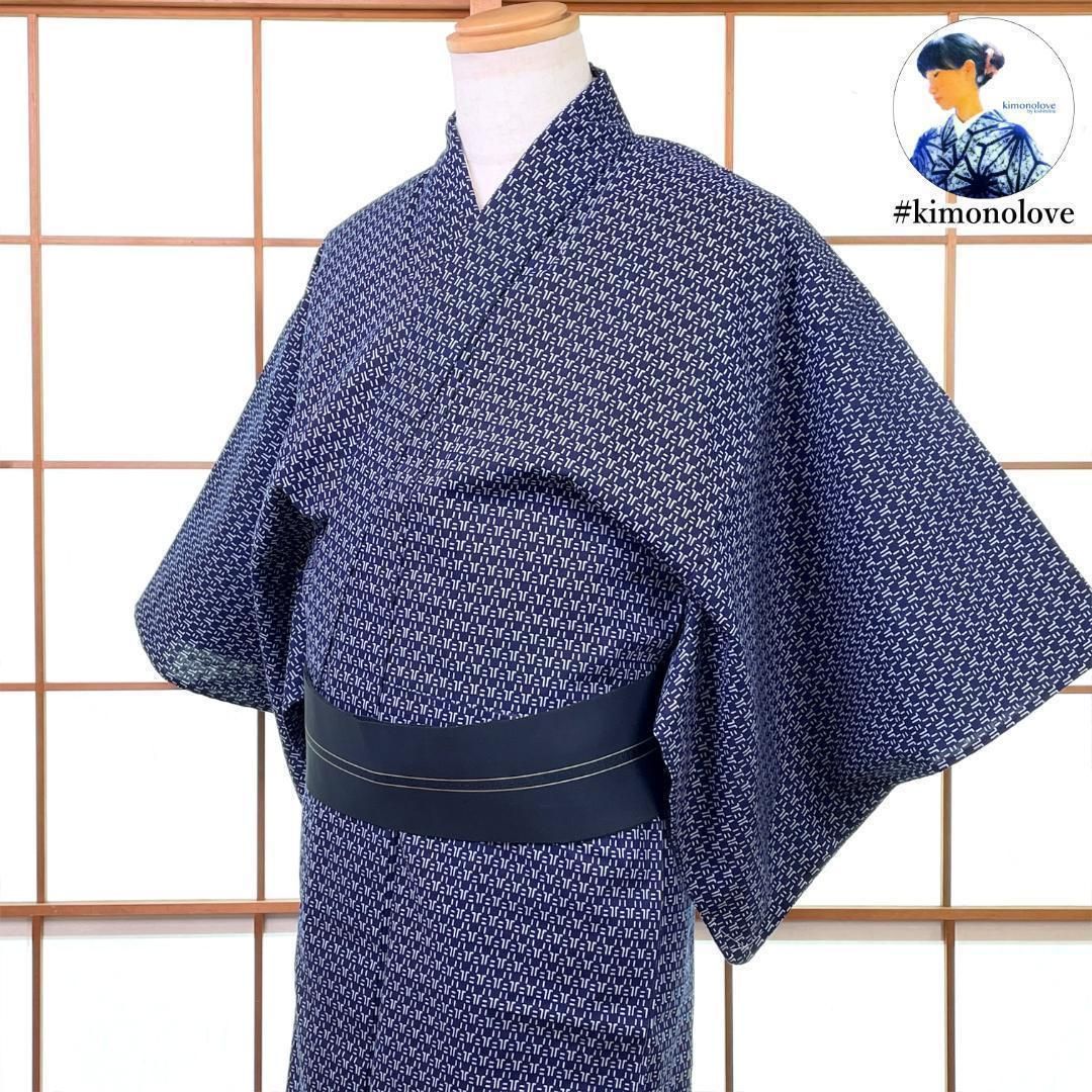 メンズ浴衣 本染 注染 綿 幾何学柄 紺色 手縫い 身長177cm前後 男着物 kimonolove 新古品 オゾン消臭サービス A-2407