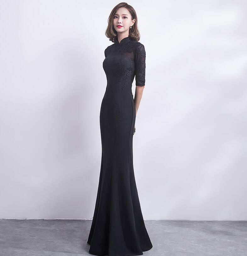 チャイナドレス風 マーメイドライン ナイトドレス ロングドレス パーティドレス ワンピ 5分袖 半袖 黒 赤 結婚式 二次会 発表会