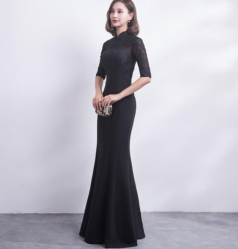 チャイナドレス風 マーメイドライン ナイトドレス ロングドレス パーティドレス ワンピ 5分袖 半袖 黒 赤 結婚式 二次会 発表会 MAAHADDERANG_COM