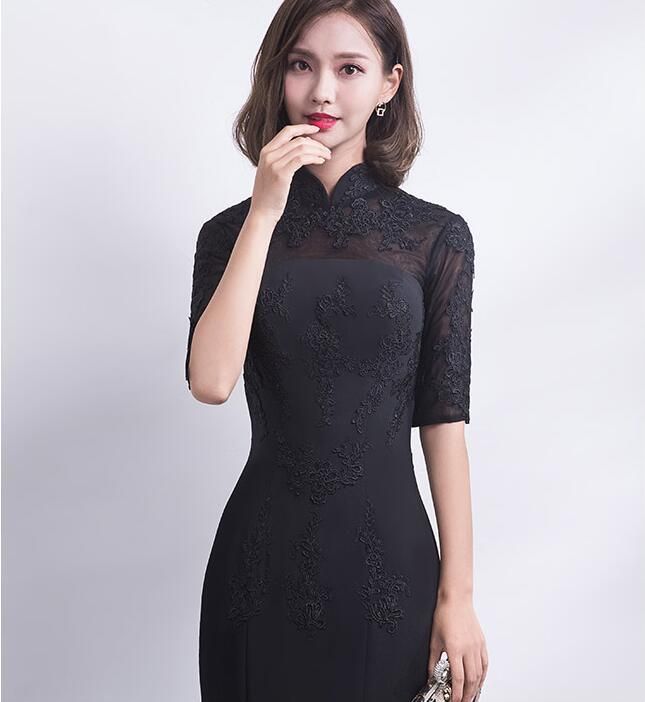 チャイナドレス風 マーメイドライン ナイトドレス ロングドレス パーティドレス ワンピ 5分袖 半袖 黒 赤 結婚式 二次会 発表会