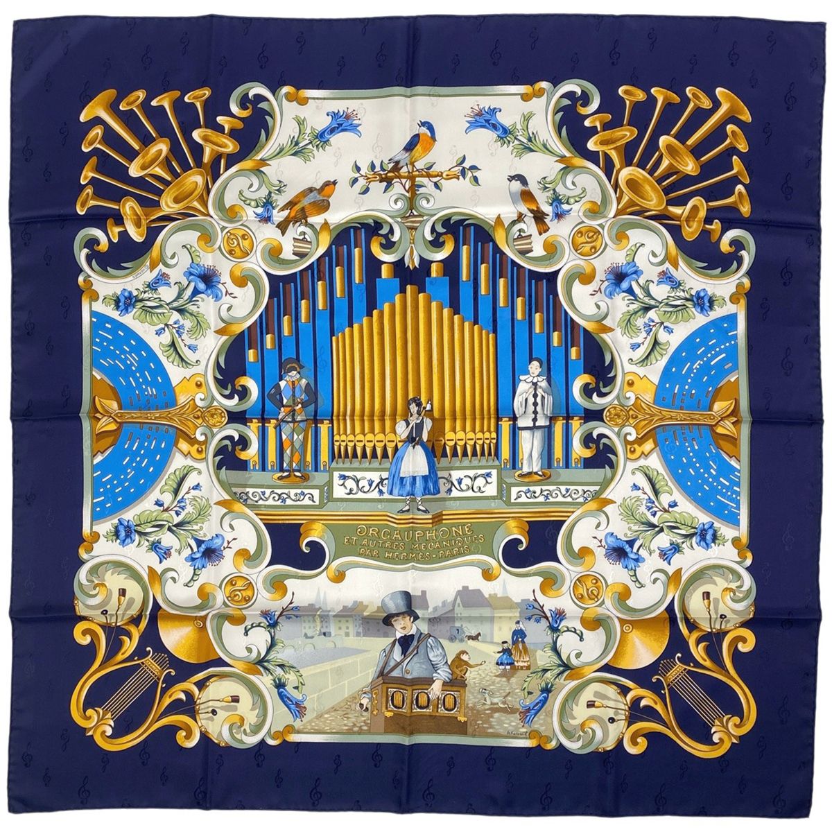 エルメス HERMES カレ 90 ORGAUPHONE ETAUTRES MECANIQUES パイプオルガンと機械仕掛けの楽器 スカーフ シルク ネイビー マルチ レディース