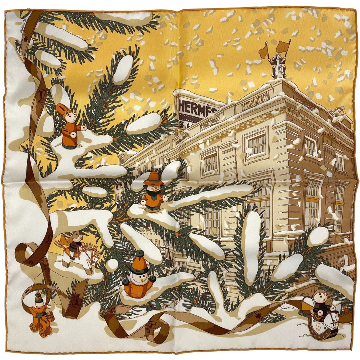 エルメス HERMES プチ カレ Noel au 24 Faubourg フォーブル24番地のクリスマス スカーフ シルク ブラウン マルチカラー レディース