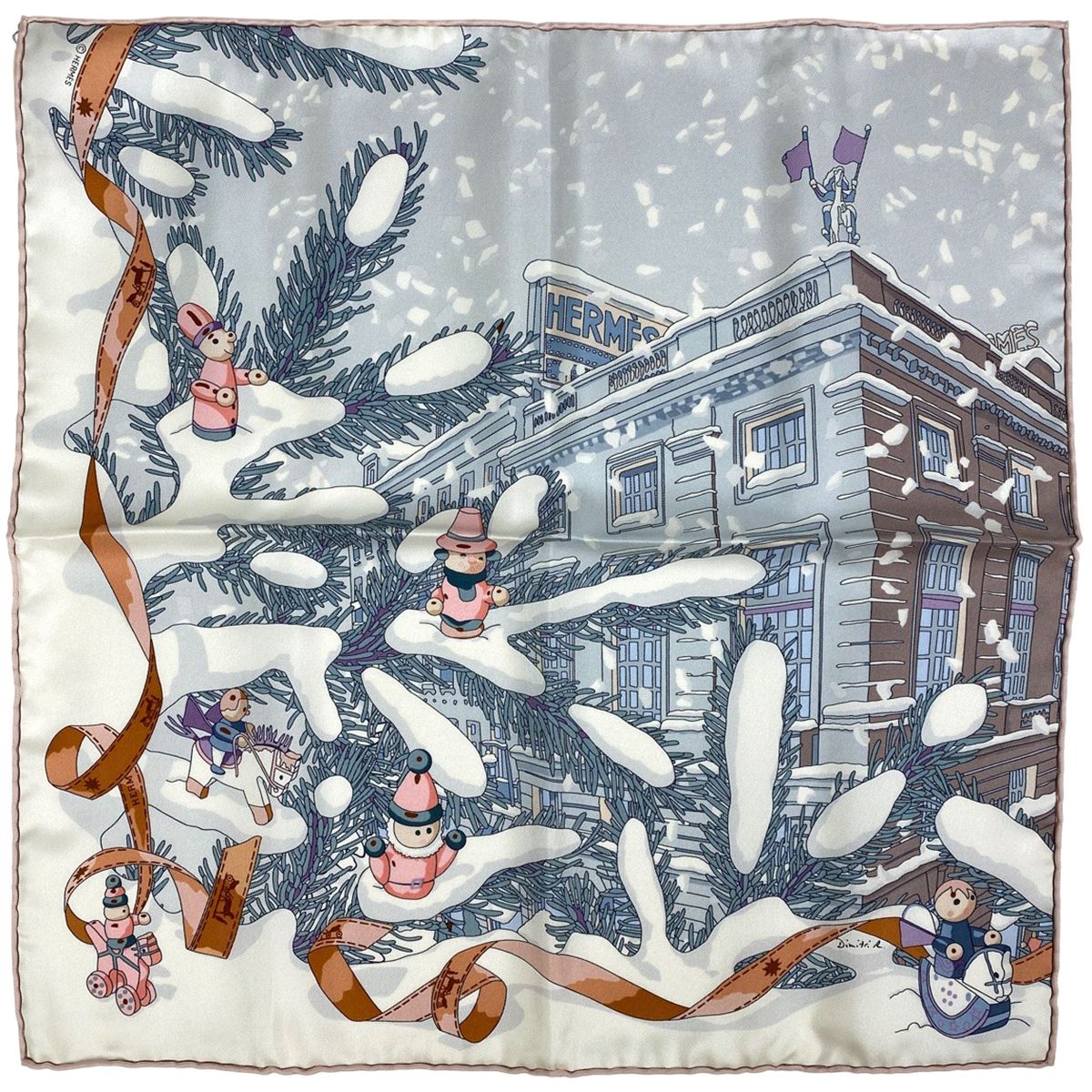 エルメス HERMES プチ カレ Noel au 24 Faubourg フォーブル24番地のクリスマス スカーフ シルク ホワイト ピンク マルチ レディース