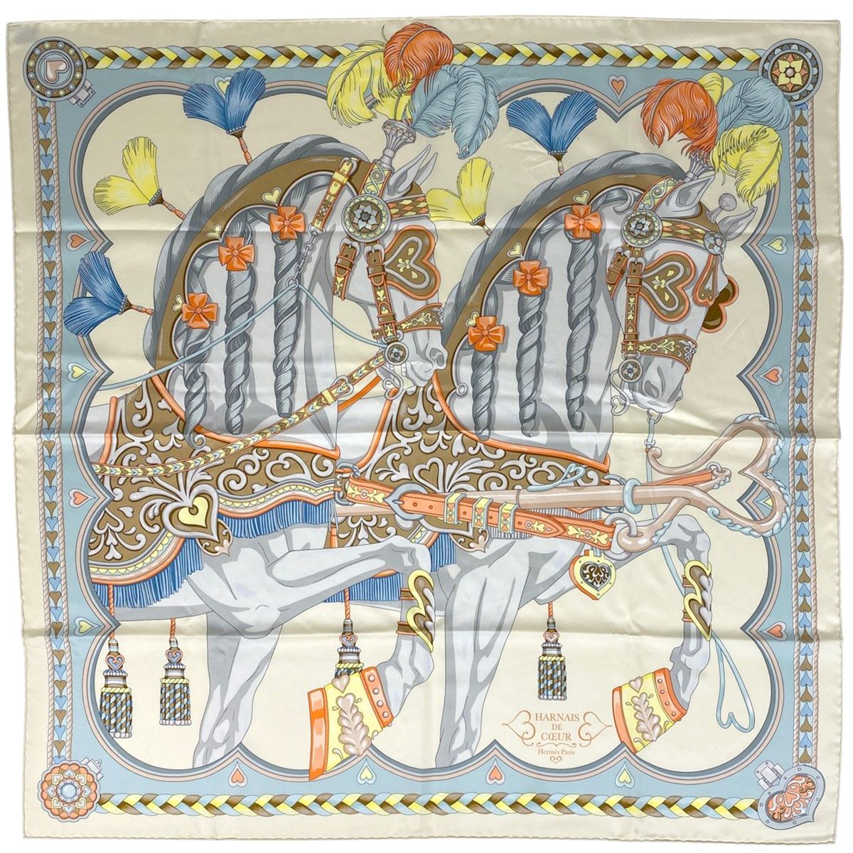 エルメス HERMES カレ 90 HARNAIS DE COEUR アルネ ドゥ クール スカーフ シルク クリーム マルチカラー レディース
