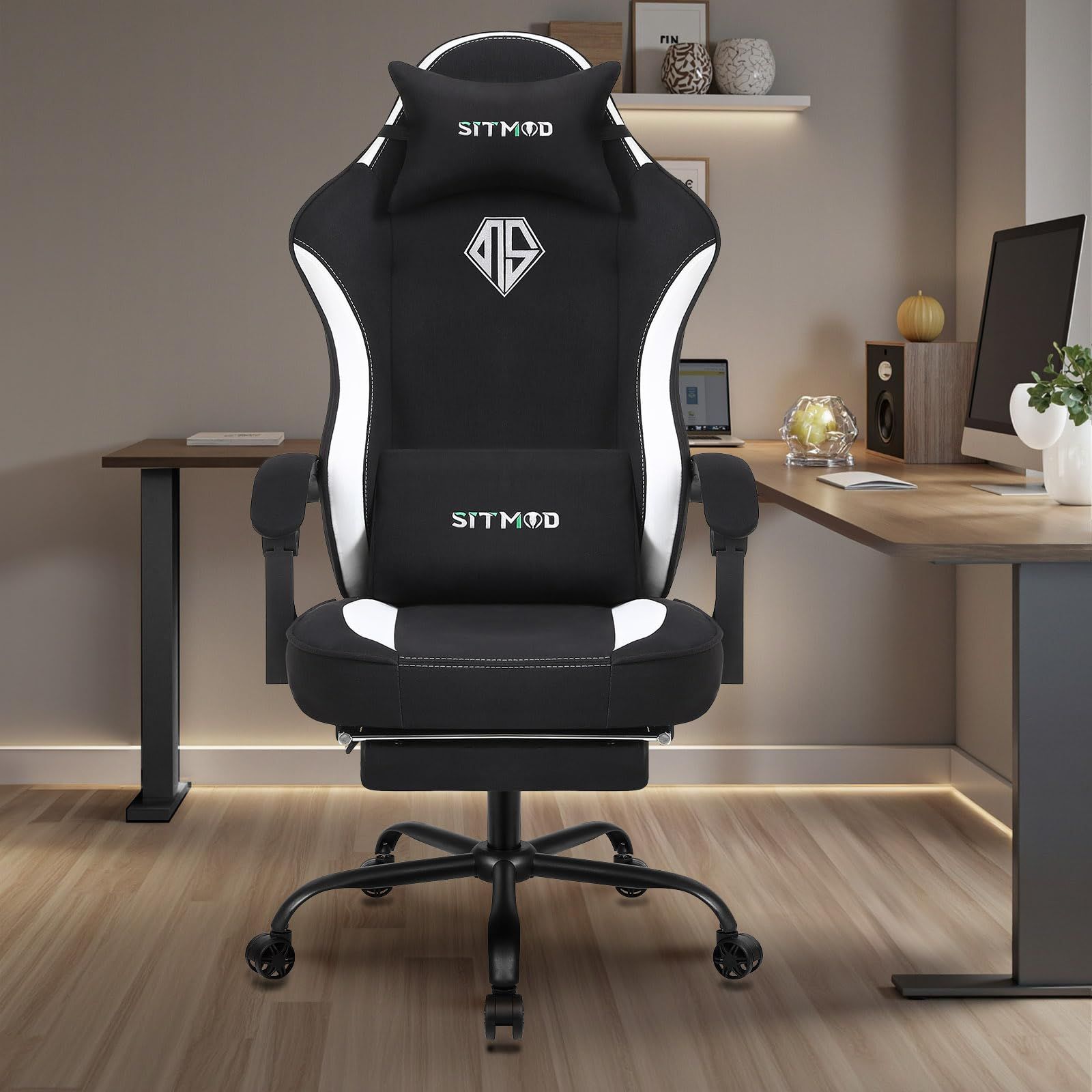 ゲーミングチェア フットレスト付きPCチェア 通気性ファブリック 360度回転椅子 レーシングスタイル リクライニング機能付き 調節 人間工学 大人用エグゼクティブオフィスチェア ホワイト