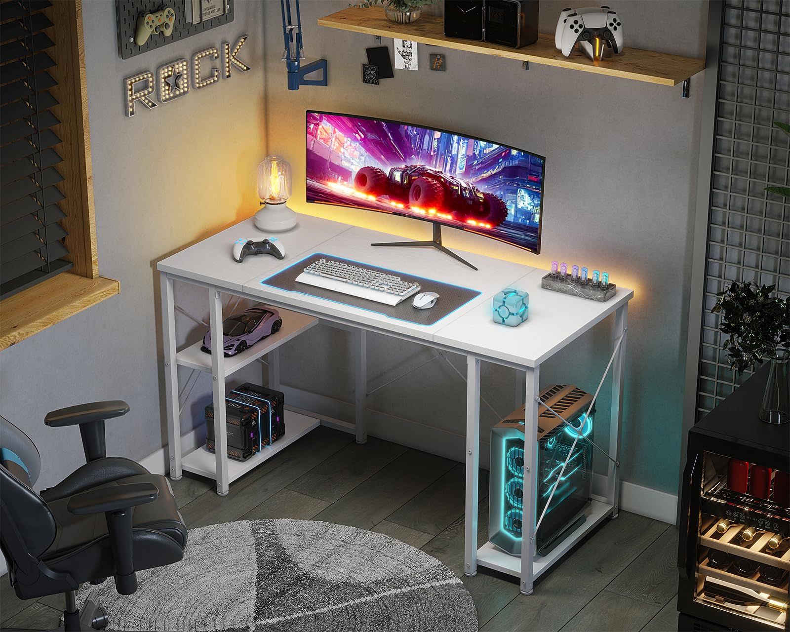 AODK ゲーミングデスク パソコンデスク 机 pcデスク 幅120cm 両側ラック-CPUスタンド付き gaming desk ゲームデスク 勉強机 オフィスデスク 在宅ワークデスク 長机 左右入れ替え対応 おしゃれ ホワイト