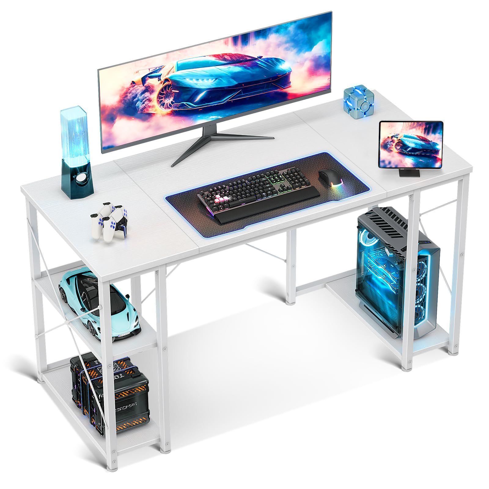 AODK ゲーミングデスク パソコンデスク 机 pcデスク 幅120cm 両側ラック-CPUスタンド付き gaming desk ゲームデスク 勉強机 オフィスデスク 在宅ワークデスク 長机 左右入れ替え対応 おしゃれ ホワイト