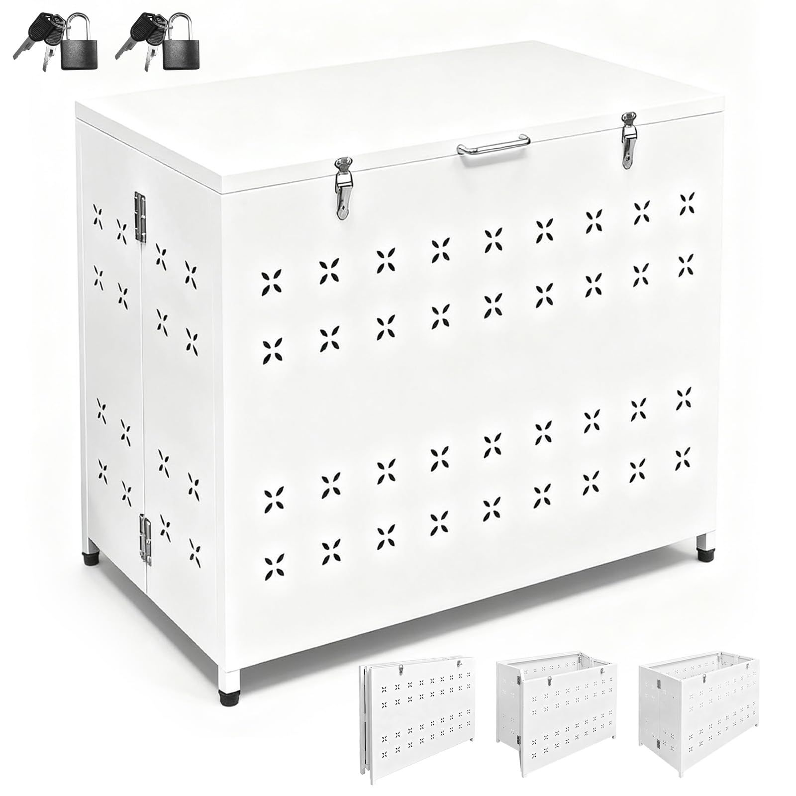 PakOne ゴミ箱 屋外 ゴミステション ゴミ収納庫 大型 大容量 折り畳みデザイン 簡単組立 カラス除け 野良猫対策 ごみ集積所 ふた付き ごみ収集ボックス 多用途収納ボックス 2本の鍵付き 日本語説明書付き クローバー 白 M 横幅63㎝ 折り