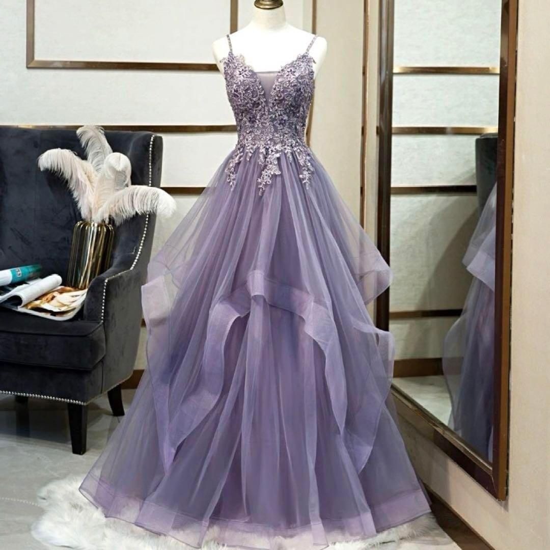 ️優雅なレース刺繍パープルイブニングドレス ️ラベンダーチュール