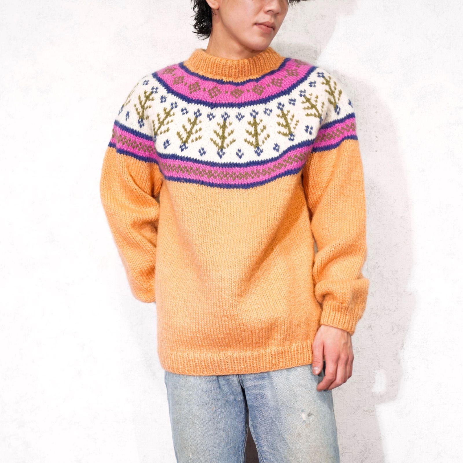 USA VINTAGE ORANGE COLOR NORDIC PATTERNED DESIGN KNIT アメリカ古着オレンジ ノルディック柄デザインニット