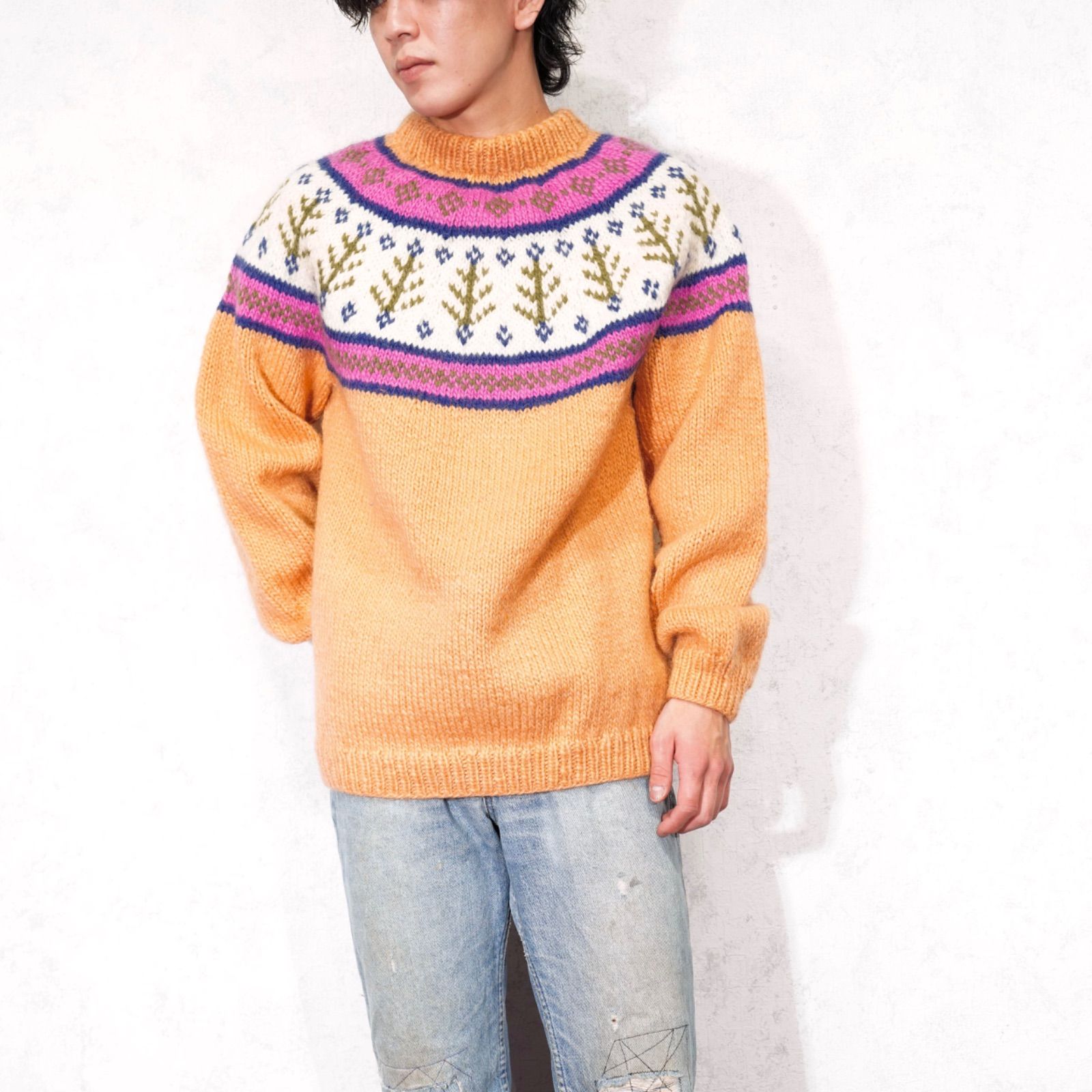 USA VINTAGE ORANGE COLOR NORDIC PATTERNED DESIGN KNIT|アメリカ古着オレンジカラーノルディック柄デザインニット