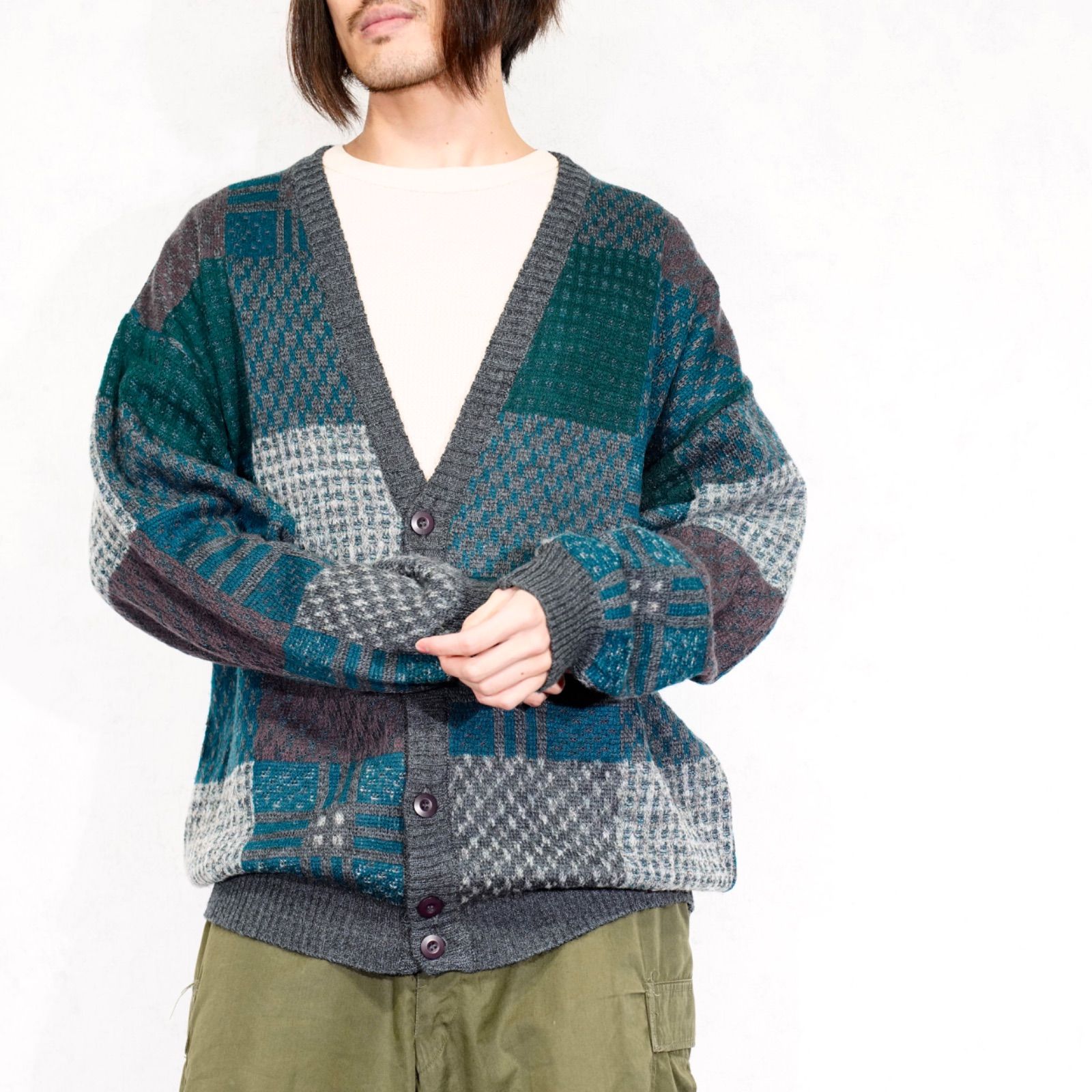 EU VINTAGE angelo litrico RETRO PATTERNED DESIGN KNIT CARDIGAN|ヨーロッパ古着レトロ柄デザインニットカーディガン