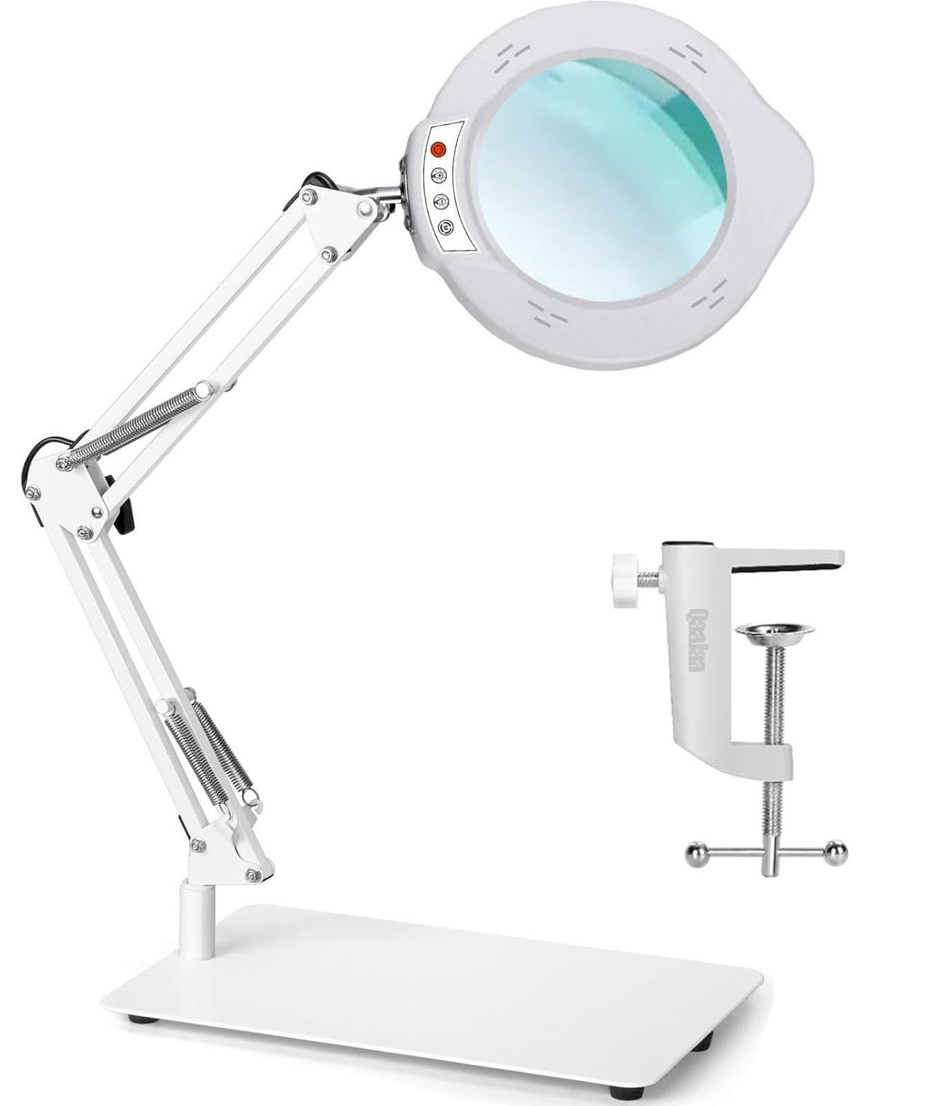 1台2役 QaaJaa スタンド 拡大鏡 ライト ルーペ 卓上 ライト付き 15倍の倍率拡大鏡を搭載 トップボタン操作 角度調整 無段階調光 5種色温度 USB給電 置き型 クリップ対応 目に優しい 多用途 ホワイト 15X