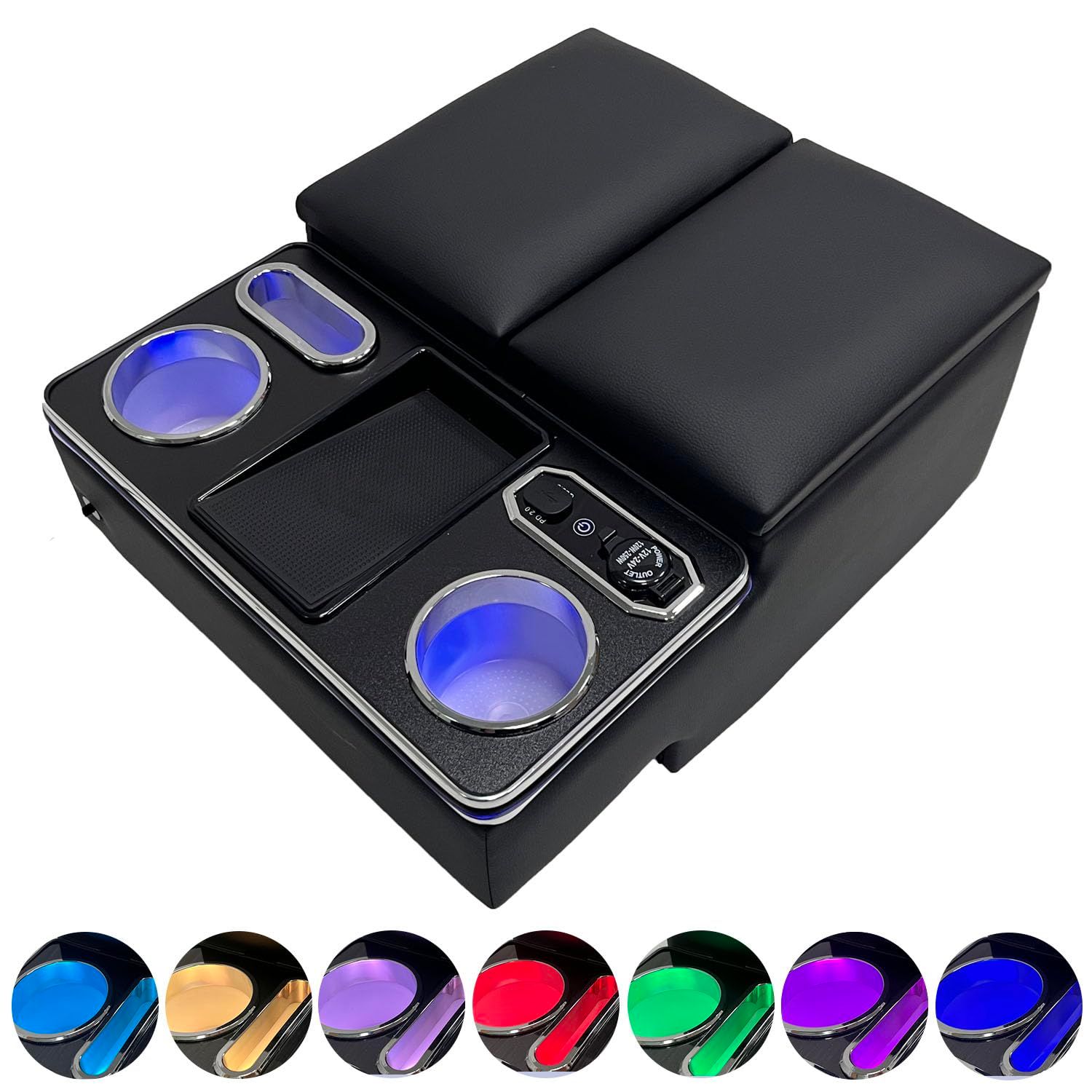 AuoKeer ハイエースDX|レジアスDX アームレスト コンソールボックス 呼吸ランプ 七色変換 ハイエース 6型 センターコンソール マルチユースシートバックコンソールに対応 小物入れ収納ボックス付 肘掛け ドリンクテーブル 内装パーツ おしゃ