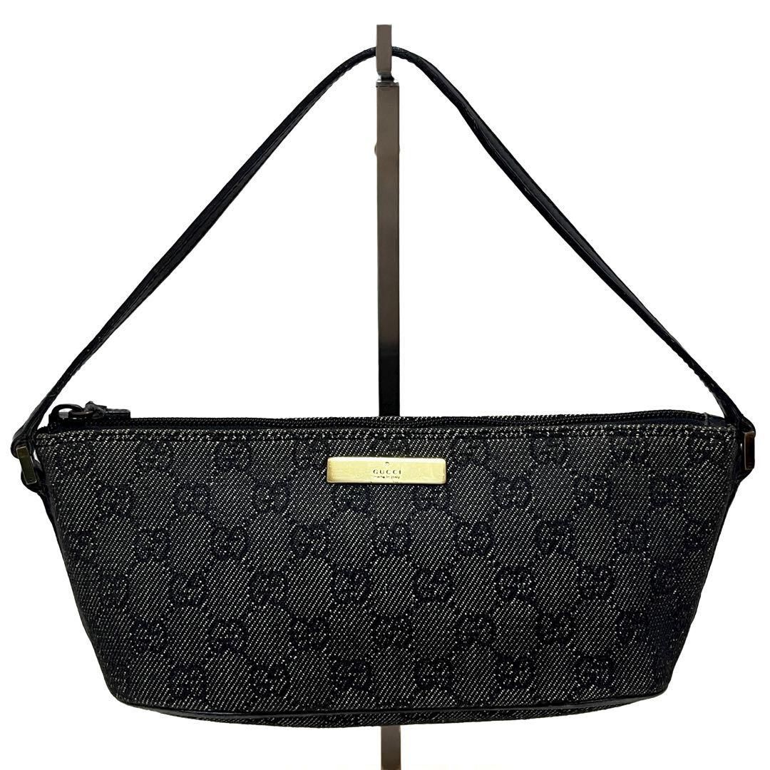 GUCCI グッチ アクセサリーポーチ ハンドバッグ GG柄 デニム キャンバス レザー ブラック 黒