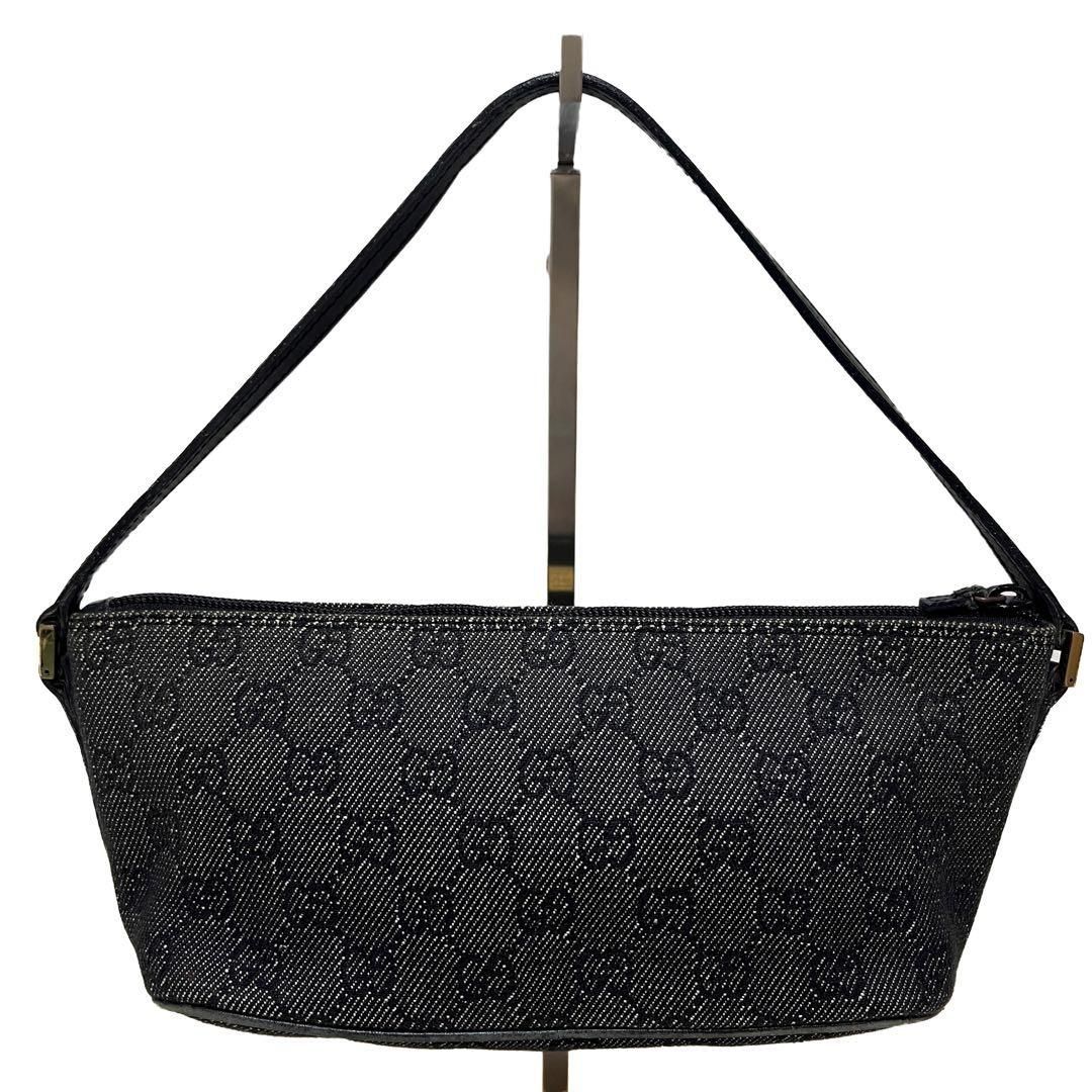 GUCCI グッチ ポーチ ハンドバッグ GG柄 デニム キャンバス レザー ブラック 黒