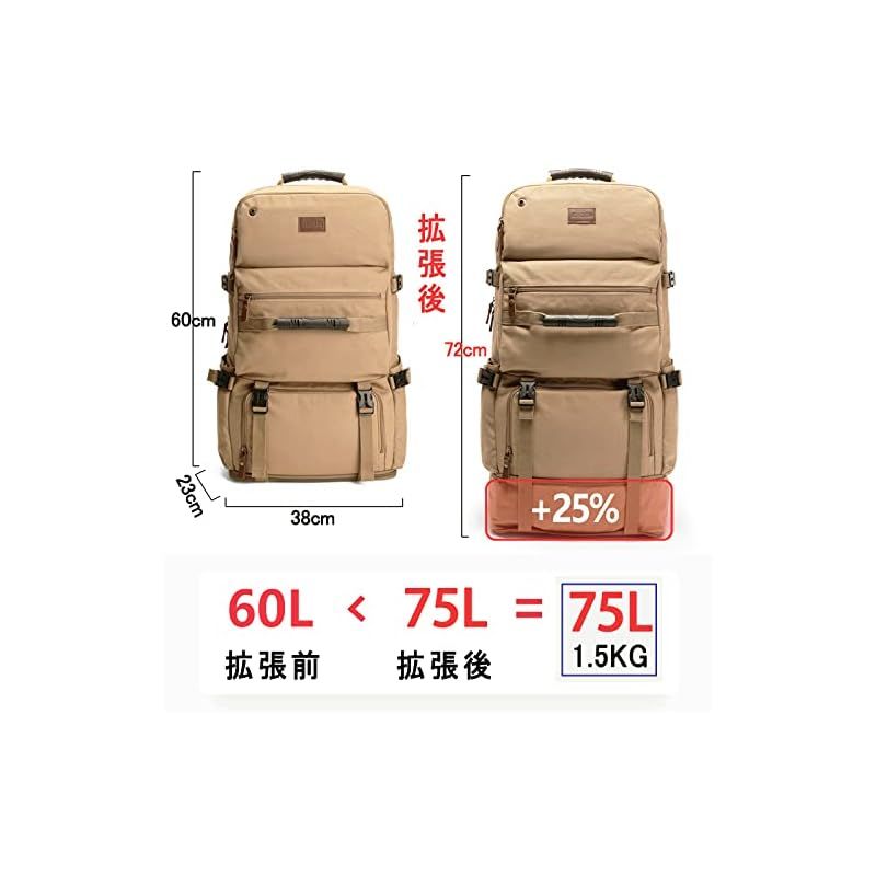 shrradoo 登山リュック 75L 大容量 リュックサック 帆布 バックパック 軽量 防水 ハイキング キャンプ アウトドアバッグ 防災 旅行 帆布 カーキ