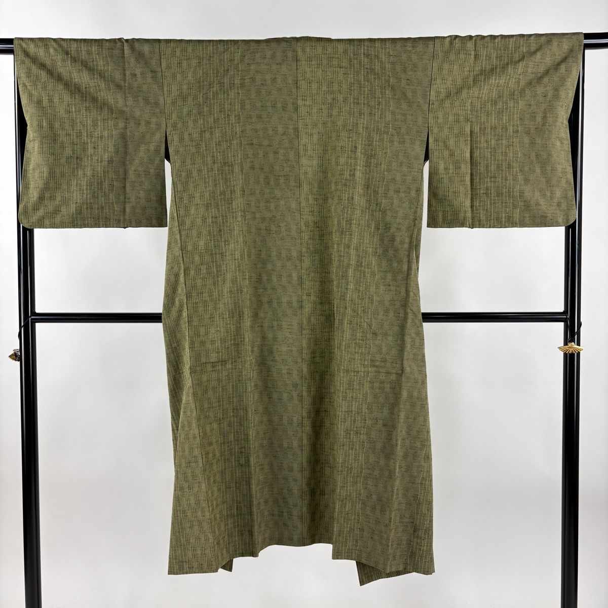 道中着 身丈126.5cm 裄丈66.5cm M 和装コート 着物衿 紬地 よろけ縞 鶯色 正絹 名品