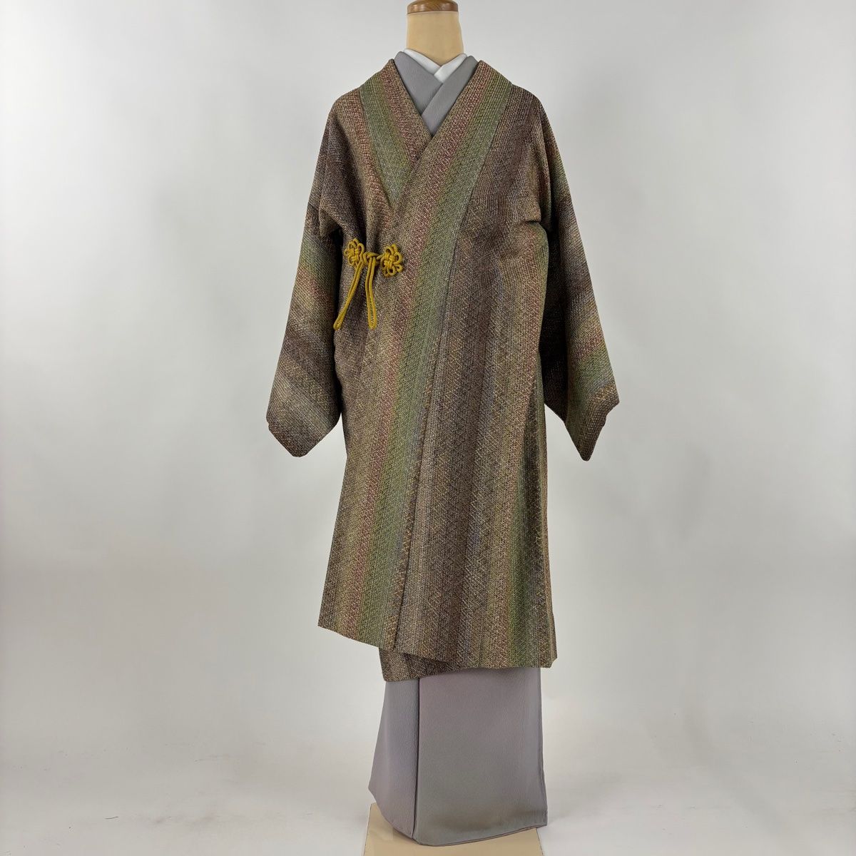 道中着 身丈111.5cm 裄丈66cm M 和装コート 縞 茶色 正絹 名品