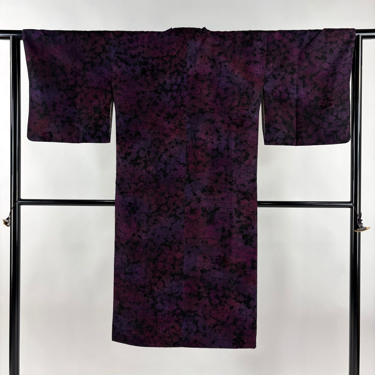 道行 身丈121.5cm 裄丈63.5cm S 和装コート 角衿 草花 濃紫 正絹 名品