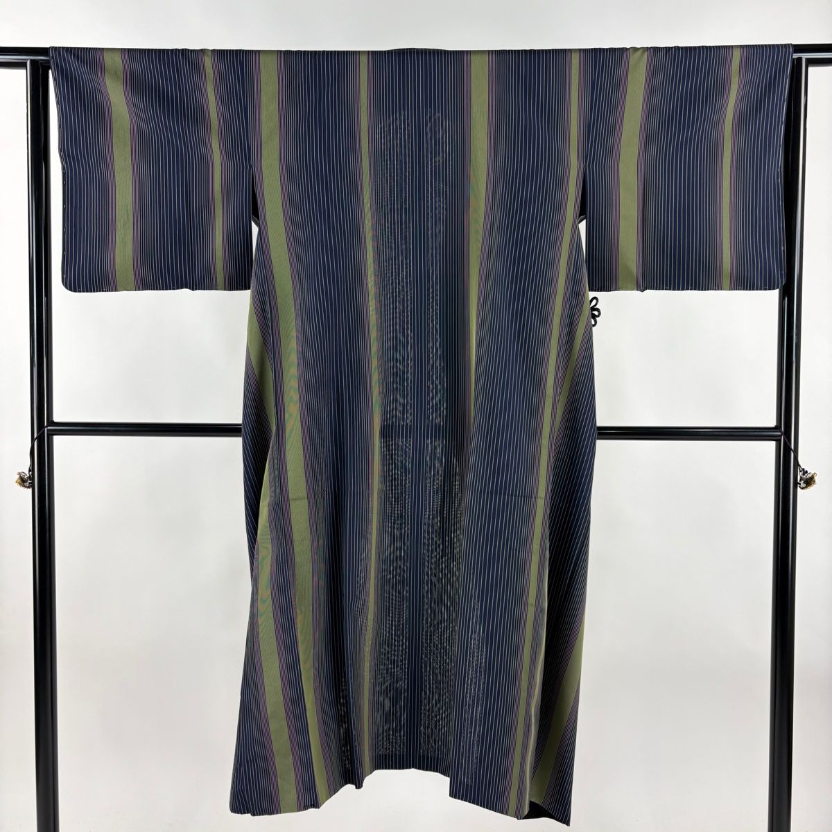 道中着 身丈132.5cm 裄丈63cm S 和装コート リバーシブル 紬地 縦縞 濃紺 正絹 名品