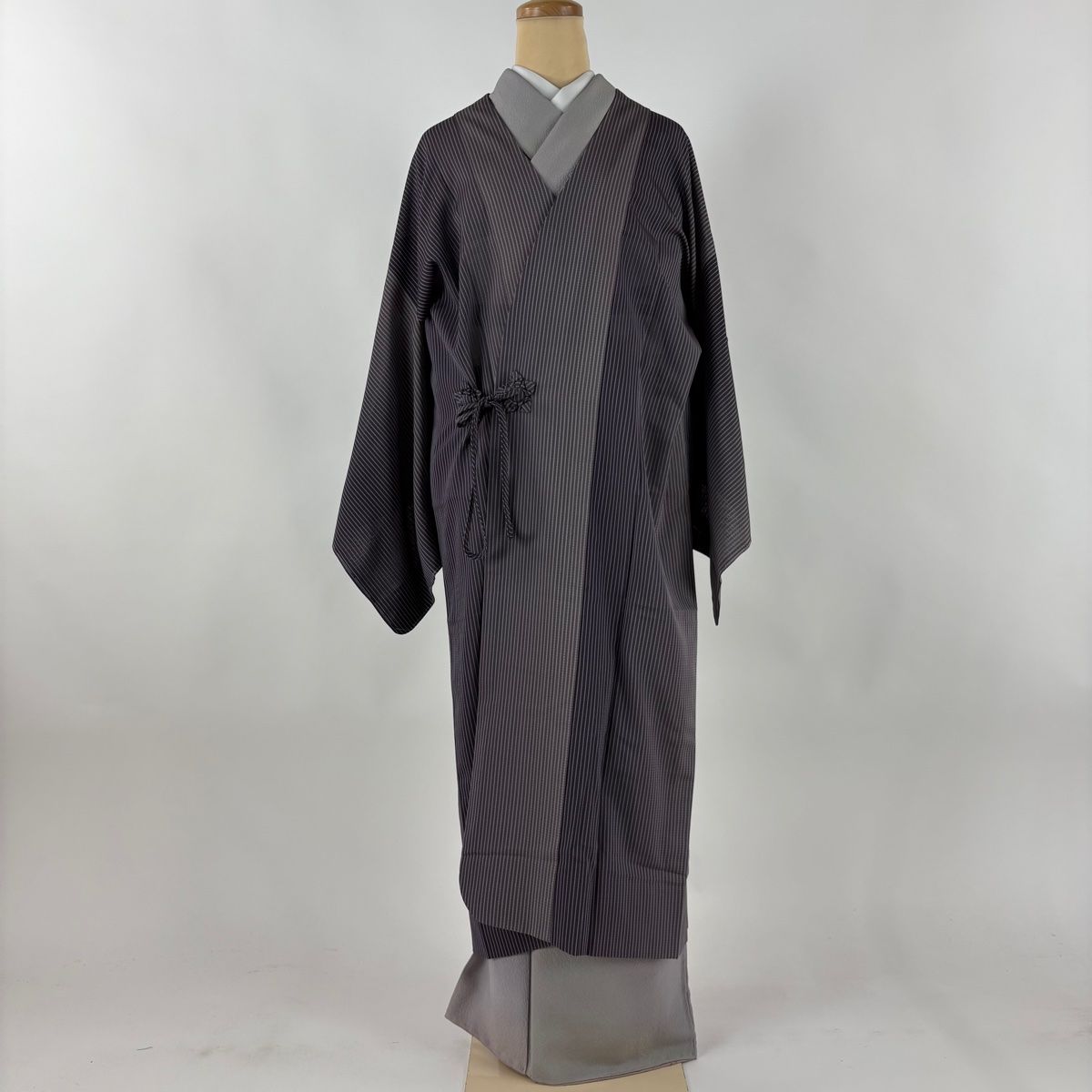 道中着 身丈122cm 裄丈63cm S 和装コート 縦縞 灰紫 正絹 名品