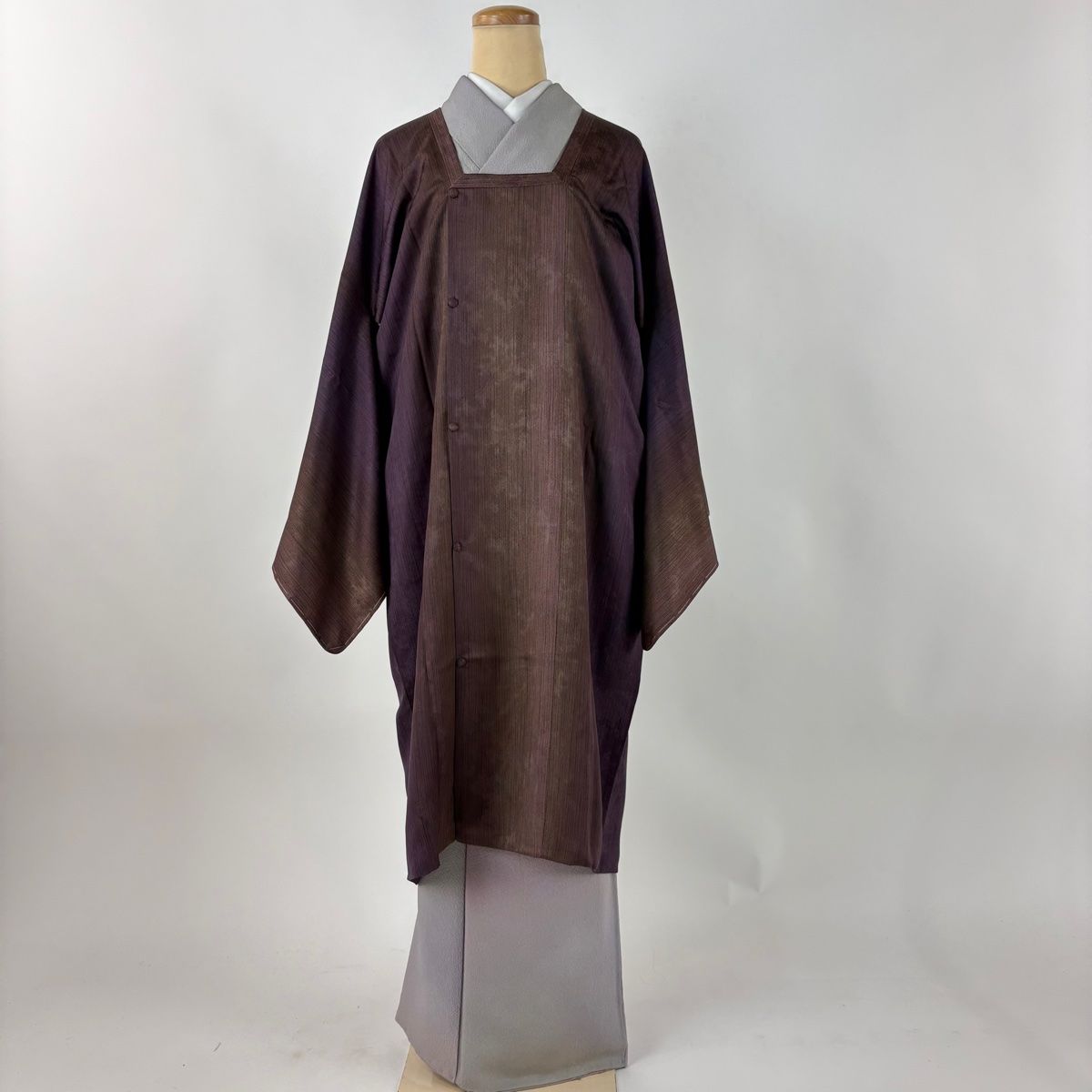 道行 身丈109cm 裄丈68cm L 和装コート 角衿 縞 地紋 茶紫 正絹 名品