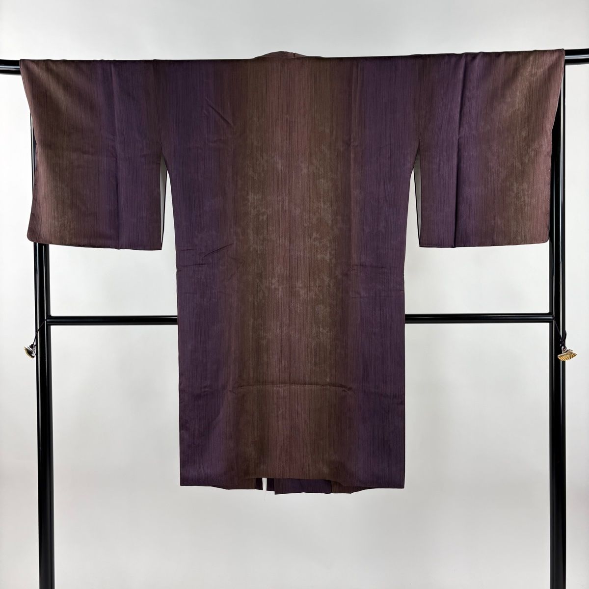 道行 身丈109cm 裄丈68cm L 和装コート 角衿 縞 地紋 茶紫 正絹 名品