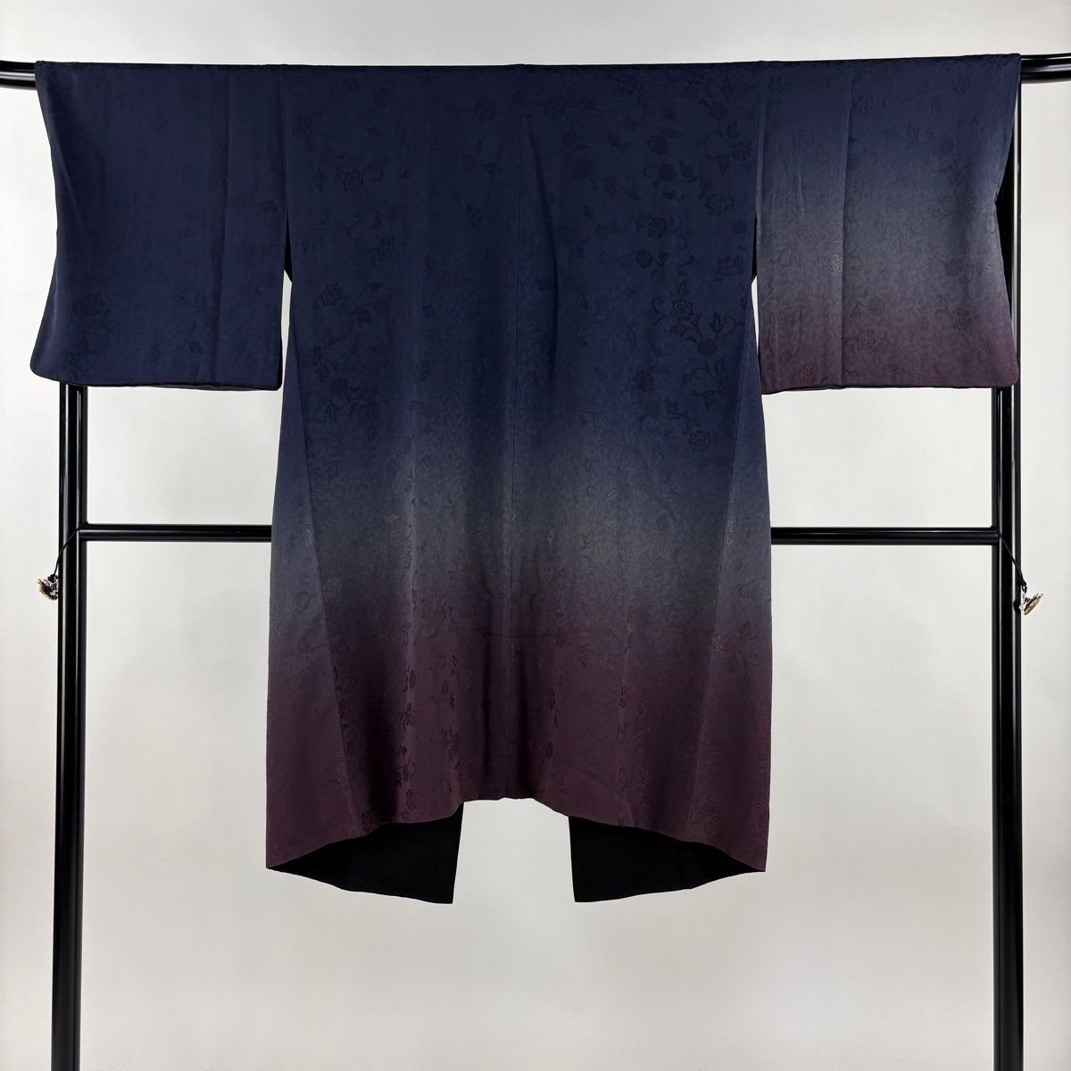 道中着 身丈107cm 裄丈68cm L 和装コート リバーシブル 地紋 ぼかし 紺色 正絹 名品