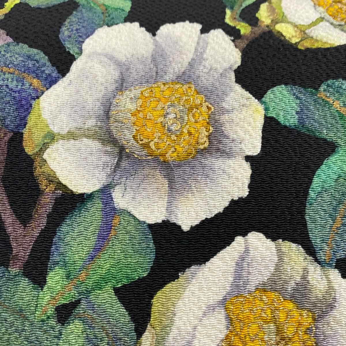 名古屋帯 秀品 落款 枝花 金彩 縮緬 黒 正絹