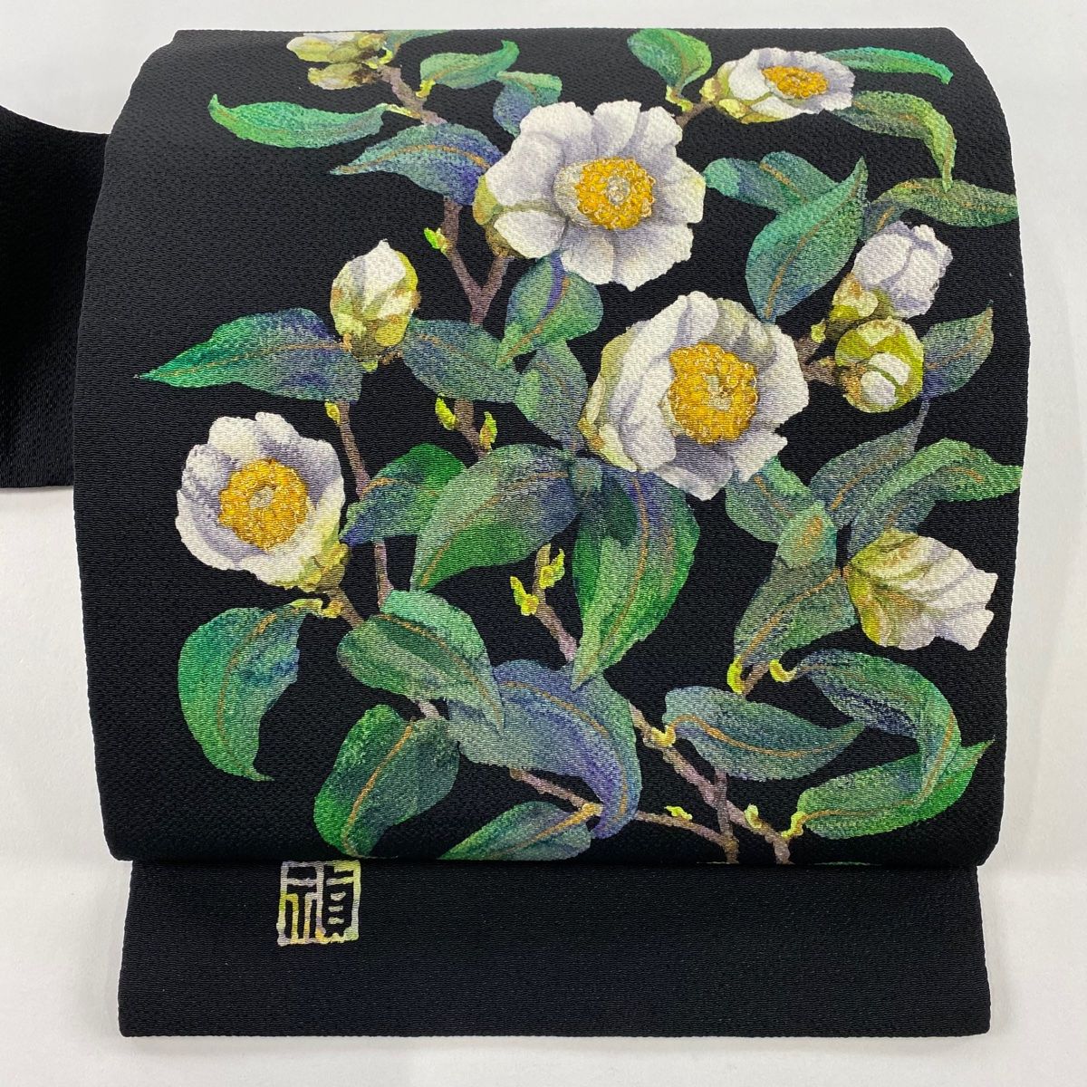 名古屋帯 秀品 落款 枝花 金彩 縮緬 黒 正絹