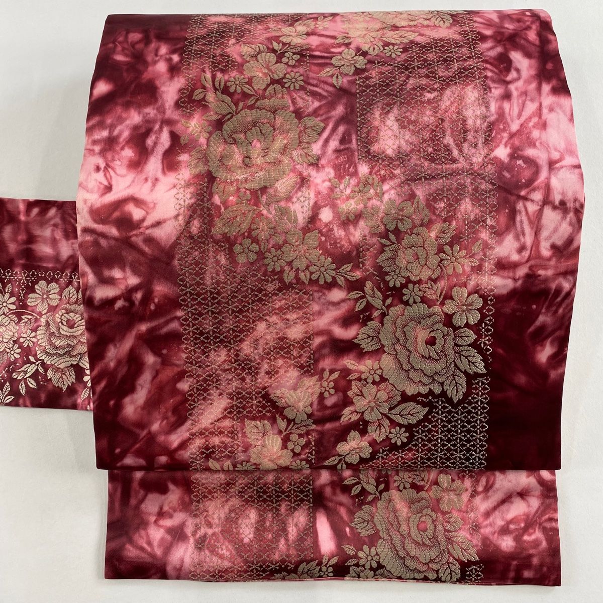 名古屋帯 秀品 草花 幾何学 ピンク 正絹