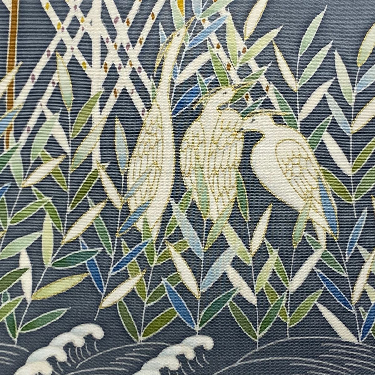 名古屋帯 秀品 鳥 波 金彩 青灰色 正絹